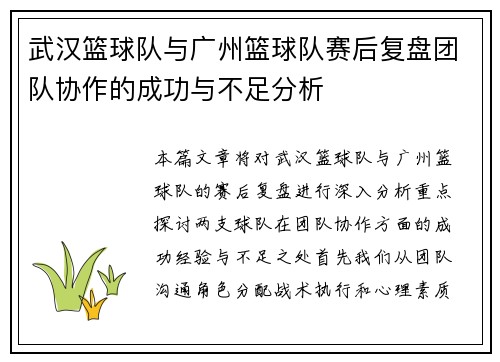 武汉篮球队与广州篮球队赛后复盘团队协作的成功与不足分析
